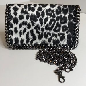 Black/White Leopard Faux Hair Chain Trim Clutch